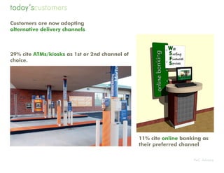 today’scustomers
Customers are now adopting
alternative delivery channels



29% cite ATMs/kiosks as 1st or 2nd channel of
choice.




                                                11% cite online banking as
                                                their preferred channel

                                                                    PwC Advisory
 