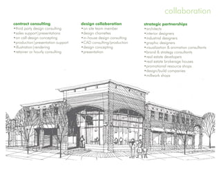 collaboration
contract consulting                design collaboration          strategic partnerships
•third party design consulting     •on site team member          •architects
•sales support|presentations       •design charrettes            •interior designers
•on call design concepting         •in-house design consulting   •industrial designers
•production|presentation support   •CAD consulting/production    •graphic designers
•illustration|rendering            •design concepting            •visualization & animation consultants
•retainer or hourly consulting     •presentation                 •brand & strategy consultants
                                                                 •real estate developers
                                                                 •real estate brokerage houses
                                                                 •promotional resource shops
                                                                 •design/build companies
                                                                 •millwork shops
 