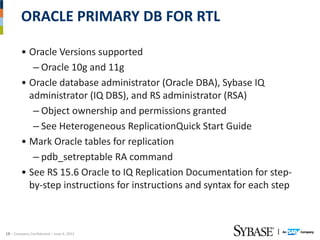 ORACLE PRIMARY DB FOR RTL

         • Oracle Versions supported
            – Oracle 10g and 11g
         • Oracle database administrator (Oracle DBA), Sybase IQ 
           administrator (IQ DBS), and RS administrator (RSA)
            – Object ownership and permissions granted
            – See Heterogeneous ReplicationQuick Start Guide
         • Mark Oracle tables for replication
            – pdb_setreptable RA command
         • See RS 15.6 Oracle to IQ Replication Documentation for step‐
           by‐step instructions for instructions and syntax for each step



18 – Company Confidential – June 4, 2012
 
