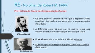 Walkiria Carvalho/2015
RS- No olhar de Robert M. FARR
Pré-História da Teoria das Representações Sociais
 Os dois teóricos concordam em que a representações
coletivas não podem ser reduzidas a representações
individuais.
 A Diferença entre os dois era no que se refere aos
objetos de estudos na sociologia e Psicologia Social
 Durkheim estudar a sociedade e Wundt a cultura
 Durkheim principal responsável pela coexistência dessas
duas formas
Wilhelm Wundt
Émile Durkheim
 