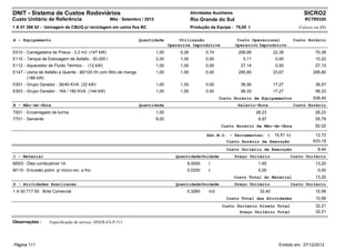 DNIT - Sistema de Custos Rodoviários                                                          Atividades Auxiliares                                      SICRO2
Custo Unitário de Referência                       Mês : Setembro / 2012                      Rio Grande do Sul                                          RCTR0320
1 A 01 398 52 - Usinagem de CBUQ p/ reciclagem em usina fixa BC                               Produção da Equipe : 75,00 t                            (Valores em R$)


A - Equipamento                                                     Quantidade         Utilização                      Custo Operacional            Custo Horário
                                                                                  Operativa Improdutiva               Operativo Improdutivo
E010 - Carregadeira de Pneus - 3,3 m3 (147 kW)                             1,00        0,26          0,74              206,95            22,39                 70,38
E110 - Tanque de Estocagem de Asfalto - 30.000 l                           2,00        1,00          0,00                5,11             0,00                 10,22
E112 - Aquecedor de Fluido Térmico - (12 kW)                               1,00        1,00          0,00               27,14             0,00                 27,15
E147 - Usina de Asfalto a Quente - 90/120 t/h com filtro de manga          1,00        1,00          0,00              295,80            23,67                295,80
       (188 kW)
E501 - Grupo Gerador - 36/40 KVA (32 kW)                                   1,00        1,00          0,00               36,56            17,27                 36,57
E503 - Grupo Gerador - 164 / 180 KVA (144 kW)                              1,00        1,00          0,00               98,33            17,27                 98,33
                                                                                                            Custo Horário de Equipamentos                     538,45
B - Mão-de-Obra                                                     Quantidade                                         Salário-Hora                 Custo Horário
T501 - Encarregado de turma                                                1,00                                                 26,23                          26,23
T701 - Servente                                                            8,00                                                  6,97                          55,79
                                                                                                             Custo Horário da Mão-de-Obra                      82,02

                                                                                                      Adc.M.O. - Ferramentas: (          15,51 %)              12,72
                                                                                                               Custo Horário de Execução                      633,19
                                                                                                               Custo Unitário de Execução                       8,44
C - Material                                                                         Quantidade Unidade               Preço Unitário             Custo Unitário
M003 - Óleo combustível 1A                                                                8,0000       l                         1,65                          13,20
M110 - Emulsão polim. p/ micro-rev. a frio                                                0,0200       t                         0,00                           0,00
                                                                                                                      Custo Total do Material                  13,20
D - Atividades Auxiliares                                                            Quantidade Unidade               Preço Unitário             Custo Unitário
1 A 00 717 00 - Brita Comercial                                                           0,3260       m3                        32,40                         10,56
                                                                                                               Custo Total das Atividades                      10,56
                                                                                                             Custo Unitário Direto Total                       32,21
                                                                                                                    Preço Unitário Total                       32,21

Observações :      Especificação de serviço: DNER-ES-P-313




Página 111                                                                                                                                 Emitido em: 27/12/2012
 
