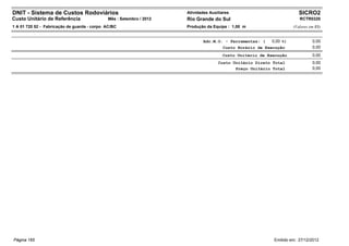 DNIT - Sistema de Custos Rodoviários                                 Atividades Auxiliares                            SICRO2
Custo Unitário de Referência                 Mês : Setembro / 2012   Rio Grande do Sul                                RCTR0320
1 A 01 720 52 - Fabricação de guarda - corpo AC/BC                   Produção da Equipe : 1,00 m                   (Valores em R$)


                                                                             Adc.M.O. - Ferramentas: (   0,00 %)             0,00
                                                                                      Custo Horário de Execução              0,00
                                                                                      Custo Unitário de Execução             0,00
                                                                                    Custo Unitário Direto Total              0,00
                                                                                           Preço Unitário Total              0,00




Página 165                                                                                                Emitido em: 27/12/2012
 