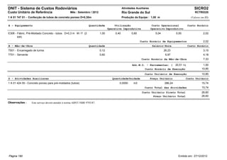 DNIT - Sistema de Custos Rodoviários                                                         Atividades Auxiliares                                      SICRO2
Custo Unitário de Referência                      Mês : Setembro / 2012                      Rio Grande do Sul                                          RCTR0320
1 A 01 747 01 - Confecção de tubos de concreto poroso D=0,30m                                Produção da Equipe : 1,00 m                             (Valores em R$)


A - Equipamento                                                  Quantidade           Utilização                      Custo Operacional            Custo Horário
                                                                                 Operativa Improdutiva               Operativo Improdutivo
E308 - Fábric. Pré-Moldado Concreto - tubos D=0,3 m M / F (2              1,00        0,40          0,60                5,04            0,00                   2,02
       kW)
                                                                                                           Custo Horário de Equipamentos                       2,02
B - Mão-de-Obra                                                  Quantidade                                           Salário-Hora                 Custo Horário
T501 - Encarregado de turma                                               0,12                                                 26,23                           3,15
T701 - Servente                                                           0,60                                                  6,97                           4,18
                                                                                                            Custo Horário da Mão-de-Obra                       7,33

                                                                                                     Adc.M.O. - Ferramentas: (          20,51 %)               1,50
                                                                                                              Custo Horário de Execução                       10,85
                                                                                                              Custo Unitário de Execução                      10,85
D - Atividades Auxiliares                                                           Quantidade Unidade               Preço Unitário            Custo Unitário
1 A 01 424 00 - Concreto poroso para pré-moldados (tubos)                                0,0550       m3                       286,24                         15,74
                                                                                                              Custo Total das Atividades                      15,74
                                                                                                            Custo Unitário Direto Total                       26,60
                                                                                                                   Preço Unitário Total                       26,60

Observações :     Este serviço deverá atender à norma ABNT-NBR 9793/87.




Página 190                                                                                                                                Emitido em: 27/12/2012
 