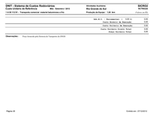 DNIT - Sistema de Custos Rodoviários                                       Atividades Auxiliares                            SICRO2
Custo Unitário de Referência                       Mês : Setembro / 2012   Rio Grande do Sul                                RCTR0320
1 A 00 112 91 - Transporte comercial material betuminoso a frio            Produção da Equipe : 1,00 tkm                 (Valores em R$)


                                                                                   Adc.M.O. - Ferramentas: (   0,00 %)             0,00
                                                                                            Custo Horário de Execução              0,00
                                                                                            Custo Unitário de Execução             0,00
                                                                                          Custo Unitário Direto Total              0,00
                                                                                                 Preço Unitário Total              0,00

Observações :     Preço fornecido pela Diretoria de Transportes do DNER




Página 26                                                                                                       Emitido em: 27/12/2012
 