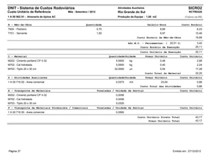 DNIT - Sistema de Custos Rodoviários                                           Atividades Auxiliares                                     SICRO2
Custo Unitário de Referência              Mês : Setembro / 2012                Rio Grande do Sul                                         RCTR0320
1 A 00 902 51 - Alvenaria de tijolos AC                                        Produção da Equipe : 1,00 m2                           (Valores em R$)


B - Mão-de-Obra                                        Quantidade                                       Salário-Hora                Custo Horário
T604 - Pedreiro                                                   0,70                                          8,89                            6,23
T701 - Servente                                                   1,50                                          6,97                           10,46
                                                                                              Custo Horário da Mão-de-Obra                     16,69

                                                                                       Adc.M.O. - Ferramentas: (         20,51 %)               3,42
                                                                                                Custo Horário de Execução                      20,11
                                                                                                Custo Unitário de Execução                     20,11
C - Material                                                             Quantidade Unidade            Preço Unitário           Custo Unitário
M202 - Cimento portland CP II-32                                              5,5900    kg                      0,48                            2,68
M702 - Cal hidratada                                                          5,5900    kg                      0,40                            2,24
M703 - Tijolo 20 x 30 cm                                                     32,0000    un                      0,54                           17,28
                                                                                                       Custo Total do Material                 22,20
D - Atividades Auxiliares                                                Quantidade Unidade            Preço Unitário           Custo Unitário
1 A 00 716 00 - Areia comercial                                               0,0373    m3                       23,00                          0,86
                                                                                                Custo Total das Atividades                      0,86
E - Transporte de Materiais                                       Toneladas / Unidade de Serviço                                Custo Unitário
M202 - Cimento portland CP II-32                                              0,0056
M702 - Cal hidratada                                                          0,0056
M703 - Tijolo 20 x 30 cm                                                      0,0320
F - Transporte de Materiais Produzidos / Comerciais               Toneladas / Unidade de Serviço                                Custo Unitário
1 A 00 716 00 - Areia comercial                                               0,0560
                                                                                              Custo Unitário Direto Total                      43,17
                                                                                                     Preço Unitário Total                      43,17




Página 37                                                                                                                  Emitido em: 27/12/2012
 