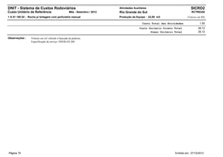 DNIT - Sistema de Custos Rodoviários                                      Atividades Auxiliares                            SICRO2
Custo Unitário de Referência                      Mês : Setembro / 2012   Rio Grande do Sul                                RCTR0320
1 A 01 150 02 - Rocha p/ britagem com perfuratriz manual                  Produção da Equipe : 22,00 m3                 (Valores em R$)

                                                                                           Custo Total das Atividades             1,50
                                                                                         Custo Unitário Direto Total             26,12
                                                                                                Preço Unitário Total             26,12

Observações :    Volume em m3 referido à bancada da pedreira.
                 Especificação de serviço: DNER-ES-280




Página 75                                                                                                      Emitido em: 27/12/2012
 