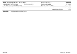 DNIT - Sistema de Custos Rodoviários                                     Atividades Auxiliares                            SICRO2
Custo Unitário de Referência                     Mês : Setembro / 2012   Rio Grande do Sul                                RCTR0320
1 A 01 390 03 - Usinagem de CBUQ (binder)                                Produção da Equipe : 75,00 t                  (Valores em R$)

                                                                                        Custo Unitário Direto Total             36,25
                                                                                               Preço Unitário Total             36,25

Observações :    Especificação de serviço: DNER-ES-P-313.




Página 87                                                                                                     Emitido em: 27/12/2012
 