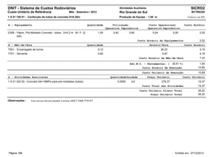 DNIT - Sistema de Custos Rodoviários                                                         Atividades Auxiliares                                      SICRO2
Custo Unitário de Referência                      Mês : Setembro / 2012                      Rio Grande do Sul                                          RCTR0320
1 A 01 745 01 - Confecção de tubos de concreto D=0,30m                                       Produção da Equipe : 1,00 m                             (Valores em R$)


A - Equipamento                                                  Quantidade           Utilização                      Custo Operacional            Custo Horário
                                                                                 Operativa Improdutiva               Operativo Improdutivo
E308 - Fábric. Pré-Moldado Concreto - tubos D=0,3 m M / F (2              1,00        0,40          0,60                5,04            0,00                   2,02
       kW)
                                                                                                           Custo Horário de Equipamentos                       2,02
B - Mão-de-Obra                                                  Quantidade                                           Salário-Hora                 Custo Horário
T501 - Encarregado de turma                                               0,12                                                 26,23                           3,15
T701 - Servente                                                           0,60                                                  6,97                           4,18
                                                                                                            Custo Horário da Mão-de-Obra                       7,33

                                                                                                     Adc.M.O. - Ferramentas: (          20,51 %)               1,50
                                                                                                              Custo Horário de Execução                       10,85
                                                                                                              Custo Unitário de Execução                      10,85
D - Atividades Auxiliares                                                           Quantidade Unidade               Preço Unitário            Custo Unitário
1 A 01 423 00 - Concreto fck=18MPa para pré-moldados (tubos)                             0,0550       m3                       279,37                         15,37
                                                                                                              Custo Total das Atividades                      15,37
                                                                                                            Custo Unitário Direto Total                       26,22
                                                                                                                   Preço Unitário Total                       26,22

Observações :     Este serviço deverá atender à norma ABNT-NBR 9793/87.




Página 186                                                                                                                                Emitido em: 27/12/2012
 