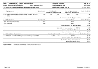 DNIT - Sistema de Custos Rodoviários                                                         Atividades Auxiliares                                      SICRO2
Custo Unitário de Referência                      Mês : Setembro / 2012                      Rio Grande do Sul                                          RCTR0320
1 A 01 751 51 - Confecção de tubos de concreto D=0,40m AC/BC                                 Produção da Equipe : 1,00 m                             (Valores em R$)


A - Equipamento                                                  Quantidade           Utilização                      Custo Operacional            Custo Horário
                                                                                 Operativa Improdutiva               Operativo Improdutivo
E309 - Fábric. Pré-Moldado Concreto - tubos D=0,4 m M / F (2              1,00        0,40          0,60                5,35            0,00                   2,14
       kW)
                                                                                                           Custo Horário de Equipamentos                       2,14
B - Mão-de-Obra                                                  Quantidade                                           Salário-Hora                 Custo Horário
T501 - Encarregado de turma                                               0,17                                                 26,23                           4,46
T701 - Servente                                                           0,80                                                  6,97                           5,58
                                                                                                            Custo Horário da Mão-de-Obra                      10,04

                                                                                                     Adc.M.O. - Ferramentas: (          20,51 %)               2,06
                                                                                                              Custo Horário de Execução                       14,24
                                                                                                              Custo Unitário de Execução                      14,24
D - Atividades Auxiliares                                                           Quantidade Unidade               Preço Unitário            Custo Unitário
1 A 01 423 50 - Concr.fck=18MPa para pré-moldados (tubos) AC/BC                          0,0867       m3                       292,64                         25,37
                                                                                                              Custo Total das Atividades                      25,37
                                                                                                            Custo Unitário Direto Total                       39,61
                                                                                                                   Preço Unitário Total                       39,61

Observações :     Este serviço deverá atender à norma ABNT-NBR 9793/87.




Página 193                                                                                                                                Emitido em: 27/12/2012
 