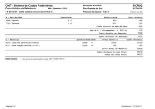 DNIT - Sistema de Custos Rodoviários                                                   Atividades Auxiliares                                    SICRO2
Custo Unitário de Referência                      Mês : Setembro / 2012                Rio Grande do Sul                                        RCTR0320
1 A 01 810 01 - Calha metálica semi-circular D=0,40 m                                  Produção da Equipe : 1,00 m                           (Valores em R$)


B - Mão-de-Obra                                                   Quantidade                                    Salário-Hora               Custo Horário
T604 - Pedreiro                                                           0,10                                          8,89                           0,89
T701 - Servente                                                           1,10                                          6,97                           7,67
                                                                                                      Custo Horário da Mão-de-Obra                     8,56

                                                                                               Adc.M.O. - Ferramentas: (        20,51 %)               1,76
                                                                                                        Custo Horário de Execução                     10,32
                                                                                                        Custo Unitário de Execução                    10,32
C - Material                                                                     Quantidade Unidade            Preço Unitário          Custo Unitário
M330 - Calha met. semicircular D=40 cm                                               1,0000     m                     127,00                         127,00
M331 - Paraf. fixação calha met. (1/2"x1")                                           1,0000     un                      2,80                           2,80
                                                                                                               Custo Total do Material               129,80
                                                                                                      Custo Unitário Direto Total                    140,12
                                                                                                             Preço Unitário Total                    140,12

Observações :      Este serviço deverá atender à norma ABNT-NBR 9793/87




Página 212                                                                                                                        Emitido em: 27/12/2012
 