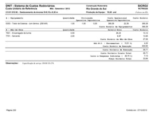 DNIT - Sistema de Custos Rodoviários                                                         Construção Rodoviária                                    SICRO2
Custo Unitário de Referência                      Mês : Setembro / 2012                      Rio Grande do Sul                                        RCTR0320
2 S 01 010 00 - Destocamento de árvores D=0,15 a 0,30 m                                      Produção da Equipe : 15,00 und                        (Valores em R$)


A - Equipamento                                                Quantidade             Utilização                  Custo Operacional              Custo Horário
                                                                                 Operativa Improdutiva           Operativo Improdutivo
E003 - Trator de Esteiras - com lâmina (259 kW)                           1,00        1,00          0,00             369,39           22,39                369,39
                                                                                                           Custo Horário de Equipamentos                   369,39
B - Mão-de-Obra                                                Quantidade                                            Salário-Hora                Custo Horário
T501 - Encarregado de turma                                               0,50                                                26,23                         13,12
T701 - Servente                                                           2,00                                                 6,97                         13,95
                                                                                                            Custo Horário da Mão-de-Obra                    27,06

                                                                                                    Adc.M.O. - Ferramentas: (         15,51 %)               4,20
                                                                                                              Custo Horário de Execução                    400,65
                                                                                                              Custo Unitário de Execução                    26,71
                                                                                                            Custo Unitário Direto Total                     26,71
                                                                                                 Lucro e Despesas Indiretas ( 26,70 %)                       7,13
                                                                                                                 Preço Unitário Total                       33,84

Observações :     Especificação de serviço: DNER ES-278.




Página 230                                                                                                                              Emitido em: 27/12/2012
 