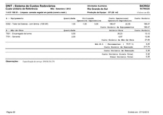DNIT - Sistema de Custos Rodoviários                                                         Atividades Auxiliares                                     SICRO2
Custo Unitário de Referência                      Mês : Setembro / 2012                      Rio Grande do Sul                                         RCTR0320
1 A 01 100 01 - Limpeza camada vegetal em jazida (const e restr.)                            Produção da Equipe : 571,00 m2                         (Valores em R$)


A - Equipamento                                                Quantidade             Utilização                      Custo Operacional           Custo Horário
                                                                                 Operativa Improdutiva               Operativo Improdutivo
E002 - Trator de Esteiras - com lâmina (108 kW)                           1,00        1,00          0,00              186,47           22,39                186,47
                                                                                                           Custo Horário de Equipamentos                    186,47
B - Mão-de-Obra                                                Quantidade                                             Salário-Hora                Custo Horário
T501 - Encarregado de turma                                               0,50                                                 26,23                         13,12
T701 - Servente                                                           2,00                                                  6,97                         13,95
                                                                                                            Custo Horário da Mão-de-Obra                     27,06

                                                                                                     Adc.M.O. - Ferramentas: (         15,51 %)               4,20
                                                                                                              Custo Horário de Execução                     217,74
                                                                                                              Custo Unitário de Execução                      0,38
                                                                                                            Custo Unitário Direto Total                       0,38
                                                                                                                   Preço Unitário Total                       0,38

Observações :     Especificação de serviço: DNER-ES-278




Página 65                                                                                                                                Emitido em: 27/12/2012
 