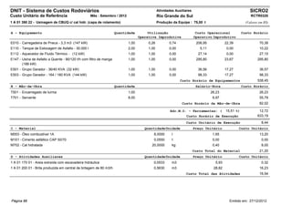 DNIT - Sistema de Custos Rodoviários                                                          Atividades Auxiliares                                      SICRO2
Custo Unitário de Referência                       Mês : Setembro / 2012                      Rio Grande do Sul                                          RCTR0320
1 A 01 390 22 - Usinagem de CBUQ c/ cal hidr. (capa de rolamento)                             Produção da Equipe : 75,00 t                            (Valores em R$)


A - Equipamento                                                     Quantidade         Utilização                      Custo Operacional            Custo Horário
                                                                                  Operativa Improdutiva               Operativo Improdutivo
E010 - Carregadeira de Pneus - 3,3 m3 (147 kW)                             1,00        0,26          0,74              206,95            22,39                 70,38
E110 - Tanque de Estocagem de Asfalto - 30.000 l                           2,00        1,00          0,00                5,11             0,00                 10,22
E112 - Aquecedor de Fluido Térmico - (12 kW)                               1,00        1,00          0,00               27,14             0,00                 27,15
E147 - Usina de Asfalto a Quente - 90/120 t/h com filtro de manga          1,00        1,00          0,00              295,80            23,67                295,80
       (188 kW)
E501 - Grupo Gerador - 36/40 KVA (32 kW)                                   1,00        1,00          0,00               36,56            17,27                 36,57
E503 - Grupo Gerador - 164 / 180 KVA (144 kW)                              1,00        1,00          0,00               98,33            17,27                 98,33
                                                                                                            Custo Horário de Equipamentos                     538,45
B - Mão-de-Obra                                                     Quantidade                                         Salário-Hora                 Custo Horário
T501 - Encarregado de turma                                                1,00                                                 26,23                          26,23
T701 - Servente                                                            8,00                                                  6,97                          55,79
                                                                                                             Custo Horário da Mão-de-Obra                      82,02

                                                                                                      Adc.M.O. - Ferramentas: (          15,51 %)              12,72
                                                                                                               Custo Horário de Execução                      633,19
                                                                                                               Custo Unitário de Execução                       8,44
C - Material                                                                         Quantidade Unidade               Preço Unitário             Custo Unitário
M003 - Óleo combustível 1A                                                                8,0000       l                         1,65                          13,20
M101 - Cimento asfáltico CAP 50/70                                                        0,0550       t                         0,00                           0,00
M702 - Cal hidratada                                                                     20,0000       kg                        0,40                           8,00
                                                                                                                      Custo Total do Material                  21,20
D - Atividades Auxiliares                                                            Quantidade Unidade               Preço Unitário             Custo Unitário
1 A 01 170 01 - Areia extraída com escavadeira hidráulica                                 0,0533       m3                         5,93                          0,32
1 A 01 200 01 - Brita produzida em central de britagem de 80 m3/h                         0,5630       m3                        28,82                         16,23
                                                                                                               Custo Total das Atividades                      16,54




Página 88                                                                                                                                  Emitido em: 27/12/2012
 