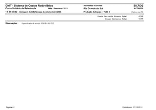 DNIT - Sistema de Custos Rodoviários                                    Atividades Auxiliares                            SICRO2
Custo Unitário de Referência                    Mês : Setembro / 2012   Rio Grande do Sul                                RCTR0320
1 A 01 390 52 - Usinagem de CBUQ (capa de rolamento) AC/BC              Produção da Equipe : 75,00 t                  (Valores em R$)

                                                                                       Custo Unitário Direto Total             42,46
                                                                                              Preço Unitário Total             42,46

Observações :   Especificação de serviço: DNER-ES-P-313.




Página 91                                                                                                    Emitido em: 27/12/2012
 