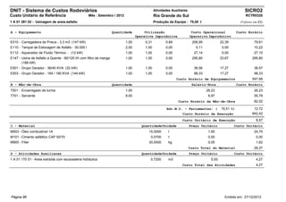 DNIT - Sistema de Custos Rodoviários                                                          Atividades Auxiliares                                      SICRO2
Custo Unitário de Referência                       Mês : Setembro / 2012                      Rio Grande do Sul                                          RCTR0320
1 A 01 391 02 - Usinagem de areia-asfalto                                                     Produção da Equipe : 75,00 t                            (Valores em R$)


A - Equipamento                                                     Quantidade         Utilização                      Custo Operacional            Custo Horário
                                                                                  Operativa Improdutiva               Operativo Improdutivo
E010 - Carregadeira de Pneus - 3,3 m3 (147 kW)                             1,00        0,31          0,69              206,95            22,39                 79,61
E110 - Tanque de Estocagem de Asfalto - 30.000 l                           2,00        1,00          0,00                5,11             0,00                 10,22
E112 - Aquecedor de Fluido Térmico - (12 kW)                               1,00        1,00          0,00               27,14             0,00                 27,15
E147 - Usina de Asfalto a Quente - 90/120 t/h com filtro de manga          1,00        1,00          0,00              295,80            23,67                295,80
       (188 kW)
E501 - Grupo Gerador - 36/40 KVA (32 kW)                                   1,00        1,00          0,00               36,56            17,27                 36,57
E503 - Grupo Gerador - 164 / 180 KVA (144 kW)                              1,00        1,00          0,00               98,33            17,27                 98,33
                                                                                                            Custo Horário de Equipamentos                     547,68
B - Mão-de-Obra                                                     Quantidade                                         Salário-Hora                 Custo Horário
T501 - Encarregado de turma                                                1,00                                                 26,23                          26,23
T701 - Servente                                                            8,00                                                  6,97                          55,79
                                                                                                             Custo Horário da Mão-de-Obra                      82,02

                                                                                                      Adc.M.O. - Ferramentas: (          15,51 %)              12,72
                                                                                                               Custo Horário de Execução                      642,42
                                                                                                               Custo Unitário de Execução                       8,57
C - Material                                                                         Quantidade Unidade               Preço Unitário             Custo Unitário
M003 - Óleo combustível 1A                                                               15,0000       l                         1,65                          24,75
M101 - Cimento asfáltico CAP 50/70                                                        0,0700       t                         0,00                           0,00
M905 - Filler                                                                            30,0000       kg                        0,05                           1,62
                                                                                                                      Custo Total do Material                  26,37
D - Atividades Auxiliares                                                            Quantidade Unidade               Preço Unitário             Custo Unitário
1 A 01 170 01 - Areia extraída com escavadeira hidráulica                                 0,7200       m3                         5,93                          4,27
                                                                                                               Custo Total das Atividades                       4,27




Página 96                                                                                                                                  Emitido em: 27/12/2012
 