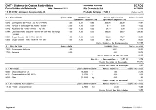 DNIT - Sistema de Custos Rodoviários                                                          Atividades Auxiliares                                      SICRO2
Custo Unitário de Referência                       Mês : Setembro / 2012                      Rio Grande do Sul                                          RCTR0320
1 A 01 391 52 - Usinagem de areia-asfalto AC                                                  Produção da Equipe : 75,00 t                            (Valores em R$)


A - Equipamento                                                     Quantidade         Utilização                      Custo Operacional            Custo Horário
                                                                                  Operativa Improdutiva               Operativo Improdutivo
E010 - Carregadeira de Pneus - 3,3 m3 (147 kW)                             1,00        0,31          0,69              206,95            22,39                 79,61
E110 - Tanque de Estocagem de Asfalto - 30.000 l                           2,00        1,00          0,00                5,11             0,00                 10,22
E112 - Aquecedor de Fluido Térmico - (12 kW)                               1,00        1,00          0,00               27,14             0,00                 27,15
E147 - Usina de Asfalto a Quente - 90/120 t/h com filtro de manga          1,00        1,00          0,00              295,80            23,67                295,80
       (188 kW)
E501 - Grupo Gerador - 36/40 KVA (32 kW)                                   1,00        1,00          0,00               36,56            17,27                 36,57
E503 - Grupo Gerador - 164 / 180 KVA (144 kW)                              1,00        1,00          0,00               98,33            17,27                 98,33
                                                                                                            Custo Horário de Equipamentos                     547,68
B - Mão-de-Obra                                                     Quantidade                                         Salário-Hora                 Custo Horário
T501 - Encarregado de turma                                                1,00                                                 26,23                          26,23
T701 - Servente                                                            8,00                                                  6,97                          55,79
                                                                                                             Custo Horário da Mão-de-Obra                      82,02

                                                                                                      Adc.M.O. - Ferramentas: (          15,51 %)              12,72
                                                                                                               Custo Horário de Execução                      642,42
                                                                                                               Custo Unitário de Execução                       8,57
C - Material                                                                         Quantidade Unidade               Preço Unitário             Custo Unitário
M003 - Óleo combustível 1A                                                               15,0000       l                         1,65                          24,75
M101 - Cimento asfáltico CAP 50/70                                                        0,0700       t                         0,00                           0,00
M905 - Filler                                                                            30,0000       kg                        0,05                           1,62
                                                                                                                      Custo Total do Material                  26,37
D - Atividades Auxiliares                                                            Quantidade Unidade               Preço Unitário             Custo Unitário
1 A 00 716 00 - Areia comercial                                                           0,7200       m3                        23,00                         16,56
                                                                                                               Custo Total das Atividades                      16,56




Página 98                                                                                                                                  Emitido em: 27/12/2012
 