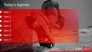 3 © Copyright 2014 EMC Corporation. All rights reserved.
Today’s Agenda
Item 1
Item 2
Item 3
Item 4
Item 5
Item 6
Item 7
3
 