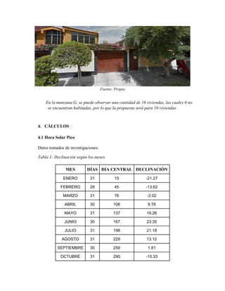 Fuente: Propia
En la manzana G, se puede observar una cantidad de 16 viviendas, las cuales 6 no
se encuentran habitadas, por lo que la propuesta será para 10 viviendas.
4. CÁLCULOS
4.1 Hora Solar Pico
Datos tomados de investigaciones.
Tabla 1: Declinación según los meses
MES DÍAS DIA CENTRAL DECLINACIÓN
ENERO 31 15 -21.27
FEBRERO 28 45 -13.62
MARZO 31 76 -2.02
ABRIL 30 106 9.78
MAYO 31 137 19.26
JUNIO 30 167 23.35
JULIO 31 198 21.18
AGOSTO 31 229 13.12
SEPTIEMBRE 30 259 1.81
OCTUBRE 31 290 -10.33
 