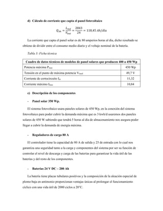 d) Cálculo de corriente que capta el panel fotovoltaico
𝑄𝐴ℎ =
𝐿𝑚𝑑
𝑉𝑏𝑎𝑡
=
2843
24
= 118,45 𝐴ℎ/𝑑í𝑎
La corriente que capta el panel solar es de 80 amperios horas al día, dicho resultado se
obtiene de dividir entre el consumo medio diario y el voltaje nominal de la batería.
Tabla 3: Ficha técnica
Cuadro de datos técnicos de modelos de panel solares que producen 400 a 450 Wp
Potencia máxima Pmax 450 Wp
Tensión en el punto de máxima potencia Vmod 49,7 V
Corriente de cortocircuito Isc 11,32
Corriente máximo Imax 10,84
e) Descripción de los componentes
˗ Panel solar 350 Wp.
El sistema fotovoltaico usara paneles solares de 450 Wp, en la conexión del sistema
fotovoltaico para poder cubrir la demanda máxima que es 3 kwh/d usaremos dos paneles
solares de 450 W sabiendo que tendrá 5 horas al día de almacenamiento nos asegura poder
llegar a cubrir la demanda de energía máxima.
˗ Reguladores de carga 80 A
El controlador tiene la capacidad de 80 A de salida y 25 de entrada con lo cual nos
garantiza una seguridad tanto a la carga y componentes del sistema por ser su función de
controlar el nivel de descarga y carga de las baterías para garantizar la vida útil de las
baterías y del resto de los componentes.
˗ Baterías 24 V DC – 200 Ah
La batería tiene placas tubulares positivas y la composición de la aleación especial de
plomo baja en antimonio proporcionan ventajas únicas al prolongar el funcionamiento
cíclico con una vida útil de 2000 ciclos a 20°C.
 
