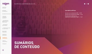 SUMÁRIOS
DE CONTEÚDO
LEIA NESTE CAPÍTULO
Sumário de conteúdo da GRI  150
Sumário de conteúdo do SASB  163
Sumário das métricas do
capitalismo stakeholder (WEF)  169
149
RELATÓRIO ANUAL DE SUSTENTABILIDADE 2021–2022
RESULTADOS
FINANCEIROS
SOBRE ESTE
RELATÓRIO
... COM MODELO DE
NEGÓCIOS ÚNICO E
IRREPLICÁVEL…
… E PROPOSTA DE VALOR
NO LONGO PRAZO
MENSAGEM
DO PRESIDENTE
… CRESCIMENTO
ESTRUTURADO…
LIDERANDO
A TRANSIÇÃO
ENERGÉTICA
CADERNO DE
INDICADORES
SUMÁRIOS DE
CONTEÚDO GRI
CARTA DE
ASSEGURAÇÃO
EXPEDIENTE
DESTAQUES DO ANO-SAFRA
149
RELATÓRIO ANUAL DE SUSTENTABILIDADE 2021–2022
 