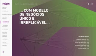 ... COM MODELO
DE NEGÓCIOS
ÚNICO E
IRREPLICÁVEL...
LEIA NESTE CAPÍTULO
Modelo de negócios  23
Verticalização e integração  24
Ativos não-replicáveis  24
Escala global  25
Tecnologias avançadas  26
Cultura forte  30
Forma de gestão  39
... COM MODELO DE
NEGÓCIOS ÚNICO E
IRREPLICÁVEL…
SOBRE ESTE
RELATÓRIO
… E PROPOSTA DE VALOR
NO LONGO PRAZO
MENSAGEM
DO PRESIDENTE
… CRESCIMENTO
ESTRUTURADO…
LIDERANDO
A TRANSIÇÃO
ENERGÉTICA
RESULTADOS
FINANCEIROS
CADERNO DE
INDICADORES
SUMÁRIOS DE
CONTEÚDO GRI
CARTA DE
ASSEGURAÇÃO
EXPEDIENTE
DESTAQUES DO ANO-SAFRA
22
RELATÓRIO ANUAL DE SUSTENTABILIDADE 2021–2022
 