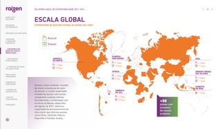 ESCALA GLOBAL
17.236
Tiollitis iuntistru maquid Est
quam faceatissunt a volore
Loreta adams cretaseTur,
omnime eosto voluptae
doloria nimpor
NOSSOS NÚMEROS
Açúcar
Etanol
AMÉRICA
DO NORTE
0,7Mton
280Km³
AMÉRICA
DO SUL
0,7Mton
280Km³
+50
países com
presença
de nossos
produtos
ÁFRICA
2,4Mton
85Km³
EUROPA/
MAR NEGRO
0,9Mton
185Km³
ORIENTE MÉDIO/
SUL DA ÁSIA
0,8Mton
110Km³
SUDESTE
DA ÁSIA
110Km³
ÁSIA
2,9Mton
710Km³
Somos o maior produtor mundial
de etanol e biomassa de cana-
de-açúcar, e o maior exportador
mundial de açúcar, com escala
comparável a países inteiros.
Considerando a combinação com
os ativos da Biosev, adquiridos
em agosto de 2021, detemos
capacidade de processamento de
cana maior que diversos países,
como China, Tailândia, México,
Paquistão e Estados Unidos.
EXPORTAÇÕES DE AÇÚCAR E ETANOL NA SAFRA 2021/2022
... COM MODELO DE
NEGÓCIOS ÚNICO E
IRREPLICÁVEL…
25
RELATÓRIO ANUAL DE SUSTENTABILIDADE 2021–2022
SOBRE ESTE
RELATÓRIO
… E PROPOSTA DE VALOR
NO LONGO PRAZO
MENSAGEM
DO PRESIDENTE
… CRESCIMENTO
ESTRUTURADO…
LIDERANDO
A TRANSIÇÃO
ENERGÉTICA
RESULTADOS
FINANCEIROS
CADERNO DE
INDICADORES
SUMÁRIOS DE
CONTEÚDO GRI
CARTA DE
ASSEGURAÇÃO
EXPEDIENTE
DESTAQUES DO ANO-SAFRA
 