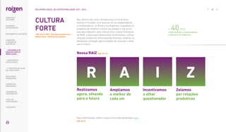 Nos últimos dez anos, fortalecemos um time ético,
diverso e inovador, com mais de 40 mil colaboradores
e colaboradoras, no Brasil e na Argentina, engajados no
propósito de redefinir o futuro da energia e nos princí-
pios que traduzem uma cultura forte, a qual chamamos
de RAIZ, voltada para desenvolver profissionais, cultivar
relações produtivas entre pessoas diversas, celebrar as
diferenças, enxergar oportunidades de inovação e olhar
para o futuro.
CULTURA
FORTE
Nossa RAIZ |GRI 102-16|
R A I Z
Realizamos
agora, olhando
para o futuro
Ampliamos
o melhor de
cada um
Incentivamos
o olhar
questionador
Zelamos
por relações
produtivas
+ 40mil
colaboradores e colaboradoras,
no Brasil e na Argentina
|GRI 102-43; WEF - Princípios de Governança -
Objetivo geral - Definição de propósito|
Mais informações sobre o nosso time estão detalhadas aqui.
|GRI 102-8|
... COM MODELO DE
NEGÓCIOS ÚNICO E
IRREPLICÁVEL…
30
RELATÓRIO ANUAL DE SUSTENTABILIDADE 2021–2022
SOBRE ESTE
RELATÓRIO
… E PROPOSTA DE VALOR
NO LONGO PRAZO
MENSAGEM
DO PRESIDENTE
… CRESCIMENTO
ESTRUTURADO…
LIDERANDO
A TRANSIÇÃO
ENERGÉTICA
RESULTADOS
FINANCEIROS
CADERNO DE
INDICADORES
SUMÁRIOS DE
CONTEÚDO GRI
CARTA DE
ASSEGURAÇÃO
EXPEDIENTE
DESTAQUES DO ANO-SAFRA
 