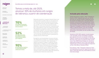 Realizado anualmente, o programa Talentos Raízen vem
proporcionando resultados cada vez mais expressivos
em relação aos números de atração de profissionais,
com uma taxa de mais de 70% dos estagiários efetiva-
dos, em 2021, nas mais diversas áreas de atuação.
Além disso, contribui para aumentar a representativida-
de e a diversidade em nosso time, tendo acrescentado
252 estagiários e estagiárias, sendo 52% das vagas pre-
enchidas por mulheres. Já no último processo seletivo
para trainee, 90% das contratações foram de mulheres.
Trata-se de uma modalidade que visa atrair profissio-
nais com até dois anos de formação na graduação em
qualquer área do conhecimento.
Na Argentina, são empreendidas iniciativas similares,
com adequações de acordo com a legislação trabalhis-
ta do país. No início de 2022, foram selecionados 11
talentos que passam a integrar o programa Jóvenes
Profesionales e a trabalhar nas áreas de B2B, Varejo,
Marketing, Finanças, Distribuição de Combustíveis e
na Refinaria. Cerca de 10 mil candidatos e candidatas
haviam passado pelo processo seletivo. Além disso,
demos continuidade ao Programa de Estagiários, com
mais de 24 jovens universitários adquirindo experiência
e aprendizado em diferentes áreas do time.
Temos a meta de, até 2025,
alcançar 30% de mulheres em cargos
de liderança, a partir de coordenação
70%
dos estagiários efetivados,
em 2021, nas mais diversas
áreas de atuação
90%
de contratações de mulheres
no nosso último processo
seletivo para trainees
52%
das vagas preenchidas
por mulheres em nosso
último processo seletivo
para estagiários
Inclusão pela educação
O Pulse Hub passou a realizar o “Meu 1º Emprego na
Raízen em Tech”, programa que busca, por meio de
parcerias com startups focadas no desenvolvimento
de soluções tecnológicas para a educação (edtechs),
promover cursos nas áreas de programação e desen-
volvimento de sistemas a grupos com pouco acesso a
essa formação, como jovens de baixa renda, mulheres,
imigrantes e refugiados. Ao passo em que são capac-
itados, os egressos desses cursos são convidados
a participar de processos seletivos em nosso time,
alavancando a diversidade nas mais variadas frentes
de atuação.
Somente em 2021/2022, quando a iniciativa passou
a ser executada, já foram contratados 46 talentos
para vagas de nível júnior nas equipes do Shell Box,
CSOnline, infraestrutura de tecnologias da informação,
Aeroclass, entre outras. A iniciativa foi ainda reconhe-
cida no Top LATAM Female Employer da Laboratoria,
organização fundada em Lima, no Paru, que capacita
mulheres para carreiras em tecnologia em programas
no Peru, Chile, México, Colômbia e Brasil.
Futuramente, o “Meu 1º Emprego na Raízen em Tech”
será expandido para preencher vagas de níveis pleno e
sênior, conferindo ainda mais a diversidade aos nossos
times de tecnologia.
... COM MODELO DE
NEGÓCIOS ÚNICO E
IRREPLICÁVEL…
32
RELATÓRIO ANUAL DE SUSTENTABILIDADE 2021–2022
SOBRE ESTE
RELATÓRIO
… E PROPOSTA DE VALOR
NO LONGO PRAZO
MENSAGEM
DO PRESIDENTE
… CRESCIMENTO
ESTRUTURADO…
LIDERANDO
A TRANSIÇÃO
ENERGÉTICA
RESULTADOS
FINANCEIROS
CADERNO DE
INDICADORES
SUMÁRIOS DE
CONTEÚDO GRI
CARTA DE
ASSEGURAÇÃO
EXPEDIENTE
DESTAQUES DO ANO-SAFRA
 