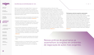 Mesmo no segmento de listagem Nível 2, nossas prá-
ticas de governança se assemelham às exigidas no
Novo Mercado, seção destinada à negociação de ações
de empresas que adotam, voluntariamente, práticas de
governança corporativa adicionais às estabelecidas pela
legislação brasileira, como:
• 
Segregação de funções de presidente de Conselho de
Administração e de diretor-presidente. |GRI 102-23|
• 
Conselho de Administração com ao menos cinco
membros, dos quais 20% independente (nosso Conse-
lho de Administração é composto por oito membros,
dos quais 25% independente).
• 
Comunicação transparente e tempestiva com inves-
tidores, com eventos anuais para apresentação de
estratégia e resultados; teleconferências após divulga-
ções de resultados; e divulgação simultânea em inglês
e português de fatos relevantes, entre outras ações.
|GRI 102-43|
• 
Demonstrações Financeiras auditadas externamente
e de acordo com padrões internacionais de contabili-
dade.
• 
Adesão voluntária à Lei Sarbanes-Oxley, o que requer
a adoção de mecanismos com vistas a relatórios
financeiros facilmente verificáveis e com dados de
origem rastreáveis.
Compromissos públicos reforçam nossa
responsabilidade corporativa. Somos signatários
do Pacto Empresarial pela Integridade e Contra a
Corrupção do Instituto Ethos, e apoiamos o Instituto
Combustível Legal, criado a partir de um movimento
iniciado pela Plural (antigo Sindicom) para reforçar
a importância de um ambiente ético e leal, em
que todos paguem corretamente seus tributos e,
assim, estimulem a concorrência justa. Além disso,
em 2022, aderimos ao Pacto Global da ONU, maior
iniciativa de sustentabilidade corporativa do mundo
com o objetivo de engajar o setor privado e mobilizar
práticas de negócios nas áreas de direitos humanos,
trabalho, meio ambiente e combate à corrupção.
Seguimos empenhados em tornar o Pacto Global e
seus princípios parte de nossas estratégia, cultura e
operações cotidianas. |GRI 102-12|
Participamos ainda das seguintes organizações:
União da Indústria de Cana-de-Açúcar (UNICA);
Associação Brasileira de Biotecnologia Industrial (ABBI);
Associação da Indústria de Cogeração de Energia
(Cogen); Plural, antigo Sindicato Nacional das Empresas
Distribuidoras de Combustíveis (Sindicom); Associação
Brasileira dos Terminais Portuários (ABTP); Bonsucro –
organização responsável pela certificação dos aspectos
de sustentabilidade na produção de cana-de-açúcar;
Associação Brasileira do Agronegócio (Abag); Associação
Nacional dos Usuários do Transporte de Carga (ANUT) e
Associação Brasileira de Biogás e Biometano (ABiogás).
|GRI 102-13|
Nossas práticas de governança se
assemelham às exigidas em ambientes
de negociação de ações mais exigentes.
... COM MODELO DE
NEGÓCIOS ÚNICO E
IRREPLICÁVEL…
40
RELATÓRIO ANUAL DE SUSTENTABILIDADE 2021–2022
SOBRE ESTE
RELATÓRIO
… E PROPOSTA DE VALOR
NO LONGO PRAZO
MENSAGEM
DO PRESIDENTE
… CRESCIMENTO
ESTRUTURADO…
LIDERANDO
A TRANSIÇÃO
ENERGÉTICA
RESULTADOS
FINANCEIROS
CADERNO DE
INDICADORES
SUMÁRIOS DE
CONTEÚDO GRI
CARTA DE
ASSEGURAÇÃO
EXPEDIENTE
DESTAQUES DO ANO-SAFRA
 