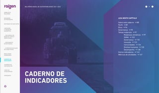 CADERNO DE
INDICADORES
LEIA NESTE CAPÍTULO
Sobre este caderno  88
Perfil  89
Ética  94
Governança  95
Temas materiais  97
	 Mudanças climáticas  97
	SSMA 
103
	Governança 
118
	Inovação 
123
	Comunidades 
124
	 Direitos humanos  130
	Desempenho 
138
Outros indicadores  143
Métricas de atividades  147
RESULTADOS
FINANCEIROS
SOBRE ESTE
RELATÓRIO
... COM MODELO DE
NEGÓCIOS ÚNICO E
IRREPLICÁVEL…
… E PROPOSTA DE VALOR
NO LONGO PRAZO
MENSAGEM
DO PRESIDENTE
… CRESCIMENTO
ESTRUTURADO…
LIDERANDO
A TRANSIÇÃO
ENERGÉTICA
CADERNO DE
INDICADORES
SUMÁRIOS DE
CONTEÚDO GRI
CARTA DE
ASSEGURAÇÃO
EXPEDIENTE
DESTAQUES DO ANO-SAFRA
87
RELATÓRIO ANUAL DE SUSTENTABILIDADE 2021–2022
 