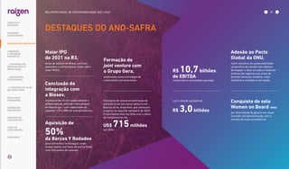 DESTAQUES DO ANO-SAFRA
09
Maior IPO
de 2021 na B3,,
bolsa de valores do Brasil, com que
passamos a comercializar ações sob o
ticker RAIZ4.
Conclusão da
integração com
a Biosev,
incorporando 10 mil colaboradores e
colaboradoras, além de nove parques
de bioenergia – com capacidade de
exportar 1.316 GWh de energia elétrica.
Aquisição de
50%
da Barcos Y Rodados
para entrarmos no Paraguai, onde
vamos operar, por meio da marca Shell,
com 340 postos de revenda.
Formação de
joint venture com
o Grupo Gera,
acelerando nossa estratégia de
crescimento em renováveis.
Instalação de coluna de destilação de
petróleo bruto em nossa refinaria em
Buenos Aires, Argentina, que começará
a operar no segundo semestre de 2022.
O movimento está em linha com o plano
de investimentos de
US$ 715milhões
até 2024.
R$ 10,7bilhões
de EBITDA
combinado e consolidado ajustado.
Lucro líquido ajustado de
R$ 3,0bilhões
Adesão ao Pacto
Global da ONU,
maior iniciativa de sustentabilidade
corporativa do mundo com objetivo
de engajar o setor privado e mobilizar
práticas de negócios nas áreas de
direitos humanos, trabalho, meio
ambiente e combate à corrupção.
Conquista do selo
Women on Board (WOB)
por diversidade de gênero em nosso
Conselho de Administração, com a
entrada de duas conselheiras.
... COM MODELO DE
NEGÓCIOS ÚNICO E
IRREPLICÁVEL…
… E PROPOSTA DE VALOR
NO LONGO PRAZO
MENSAGEM
DO PRESIDENTE
… CRESCIMENTO
ESTRUTURADO…
RESULTADOS
FINANCEIROS
CADERNO DE
INDICADORES
SUMÁRIOS DE
CONTEÚDO GRI
CARTA DE
ASSEGURAÇÃO
EXPEDIENTE
LIDERANDO
A TRANSIÇÃO
ENERGÉTICA
09
DESTAQUES DO ANO-SAFRA
SOBRE ESTE
RELATÓRIO
RELATÓRIO ANUAL DE SUSTENTABILIDADE 2021–2022
 