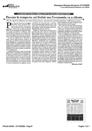 Rassegna Stampa del giorno 21/10/2008
                                          a cura della Direzione Relazioni con i Media




ITALIA OGGI - 21/10/2008 - Pag.61                                    Foglio 1 di 1
 