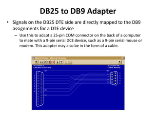 DB25 to DB9 Adapter
• Signals on the DB25 DTE side are directly mapped to the DB9
assignments for a DTE device
– Use this to adapt a 25-pin COM connector on the back of a computer
to mate with a 9-pin serial DCE device, such as a 9-pin serial mouse or
modem. This adapter may also be in the form of a cable.
 