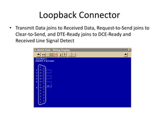 Loopback Connector
• Transmit Data joins to Received Data, Request-to-Send joins to
Clear-to-Send, and DTE-Ready joins to DCE-Ready and
Received Line Signal Detect
 