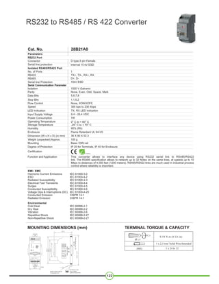 RS232 to RS485 / RS 422 Converter
Cat. No.
Parameters
Operating Temperature
Storage Temperature
O O
0 C to + 60 C
O O
-25 C to + 70 C
Enclosure
Dimension (W x H x D) (in mm)
Weight (unpacked) Approx.
Mounting
Certification
Flame Retardant UL 94-V0
36 X 90 X 52.3
100 g
Base / DIN rail
Degree of Protection IP 20 for Terminals, IP 40 for Enclosure
Humidity 95% (Rh)
EMI / EMC
Harmonic Current Emissions IEC 61000-3-2
ESD IEC 61000-4-2
Radiated Susceptibility IEC 61000-4-3
Electrical Fast Transients IEC 61000-4-4
Surges IEC 61000-4-5
Conducted Susceptibility IEC 61000-4-6
Voltage Dips & Interruptions (DC) IEC 61000-4-29
Conducted Emission CISPR 14-1
Radiated Emission CISPR 14-1
Environmental
Cold Heat IEC 60068-2-1
Dry Heat IEC 60068-2-2
Vibration IEC 60068-2-6
Repetitive Shock IEC 60068-2-27
Non-Repetitive Shock IEC 60068-2-27
Connector
R 232 PortS
Serial line protection
Data Bits
Stop Bits
No. of Ports
Isolated RS485/RS422 Port
SR 422
SR 485
Serial line Protection
Serial Communication Parameter
Isolation
Parity
D type 9 pin Female
Internal 15 kV ESD
D+, D-
TX+, TX-, RX+, RX
1
15kV ESD
1500 V Galvanic
None, Even, Odd, Space, Mark
5,6,7,8
1,1,5,2
Speed
Flow Control None, XON/XOFF,
300 bps to 230 Kbps
LED Indication TX, RX LED indication
Input Supply Voltage 9.4 - 26.4 VDC
Power Consumption 1W
RoHS Compliant
28B21A0
Function and Application This converter allows to interface any device using RS232 serial link to RS485/RS422
link. The RS485 specification allows to network up to 32 Notes on the same lines, at speeds up to 10
Mbps to distances of 4,000 feet (1200 meters). RS485/RS422 links are much used in industrial process
control where reliability is important.
122
MOUNTING DIMENSIONS (mm) TERMINAL TORQUE & CAPACITY
Ø 3.5
AWG
0.54 N.m (6 Lb.in)
2
1 x 2.5 mm Solid Wire/Stranded
1 x 24 to 12
 