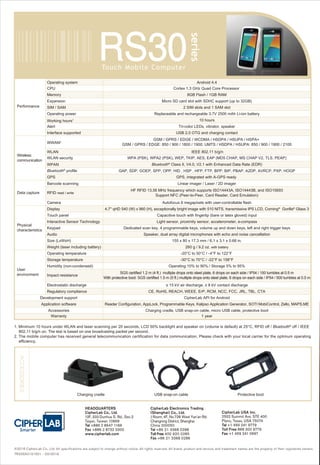 Operating system
CPU
Memory
Operating power
Expansion
Working hours1
Alert
Interface supported
WLAN
WLAN security
WPAN
Bluetooth®
profile
Barcode scanning
Android 4.4
Cortex 1.3 GHz Quad Core Processor
8GB Flash / 1GB RAM
Micro SD card slot with SDHC support (up to 32GB)
SIM / SAM 2 SIM slots and 1 SAM slot
Replaceable and rechargeable 3.7V 2500 mAh Li-ion battery
Tri-color LEDs, vibrator, speaker
USB 2.0 OTG and charging contact
10 hours
IEEE 802.11 b/g/n
WWAN2
Bluetooth®
Class II, V4.0, V2.1 with Enhanced Data Rate (EDR)
GAP, SDP, GOEP, SPP, OPP, HID , HSP , HFP, FTP, BPP, BIP, PBAP, A2DP, AVRCP, PXP, HOGP
GPS GPS, integrated with A-GPS ready
Linear imager / Laser / 2D imager
Camera Autofocus 8 megapixels with user-controllable flash
Display 4.7'' qHD 540 (W) x 960 (H), exceptionally bright image with 510 NITS, transmissive IPS LCD, Corning®
Gorilla®
Glass 3
Touch panel Capacitive touch with fingertip (bare or latex gloved) input
Interactive Sensor Technology Light sensor, proximity sensor, accelerometer, e-compass
Keypad Dedicated scan key, 4 programmable keys, volume up and down keys, left and right trigger keys
Audio Speaker, dual array digital microphones with echo and noise cancellation
Size (LxWxH) 155 x 80 x 17.3 mm / 6.1 x 3.1 x 0.68 in.
Weight (laser including battery) 260 g / 9.2 oz. with battery
Operating temperature -20°C to 50°C / -4°F to 122°F
Storage temperature -30°C to 70°C / -22°F to 158°F
Humidity (non-condensed) Operating 10% to 90% / Storage 5% to 95%
Electrostatic discharge ± 15 kV air discharge, ± 8 kV contact discharge
Regulatory compliance CE, RoHS, REACH, WEEE, ErP, RCM, NCC, FCC, JRL, TBL, CTA
Development support CipherLab API for Android
Application software Reader Configuration, AppLock, Programmable Keys, Kalipso Application Generator, SOTI MobiControl, Zello, MAPS.ME
Accessories Charging cradle, USB snap-on cable, micro USB cable, protective boot
Warranty
1. Minimum 10 hours under WLAN and laser scanning per 20 seconds, LCD 50% backlight and speaker on (volume is default) at 25°C, RFID off / Bluetooth®
off / IEEE
802.11 b/g/n on. The test is based on one broadcasting packet per second.
2. The mobile computer has received general telecommunication certification for data communication. Please check with your local carrier for the optimum operating
efficiency.
1 year
Impact resistance
SGS certified 1.2 m (4 ft.) multiple drops onto steel plate, 6 drops on each side / IP54 / 150 tumbles at 0.5 m
With protective boot: SGS certified 1.5 m (5 ft.) multiple drops onto steel plate, 6 drops on each side / IP54 / 500 tumbles at 0.5 m
RFID read / write
HF RFID 13.56 MHz frequency which supports ISO14443A, ISO14443B, and ISO15693
Support NFC (Peer-to-Peer, Card Reader, Card Emulation)
WPA (PSK), WPA2 (PSK), WEP, TKIP, AES, EAP (MD5 CHAP, MS CHAP V2, TLS, PEAP)
GSM / GPRS / EDGE / WCDMA / HSDPA / HSUPA / HSPA+
GSM / GPRS / EDGE: 850 / 900 / 1800 / 1900; UMTS / HSDPA / HSUPA: 850 / 900 / 1900 / 2100
Performance
Wireless
communication
Data capture
Physical
characteristics
User
environment
©2016 CipherLab Co., Ltd. All specifications are subject to change without notice. All rights reserved. All brand, product and service, and trademark names are the property of their registered owners.
TRS30X0101501 - 03/2016
CipherLab Electronics Trading
(Shanghai) Co., Ltd.
J Room, 4F, No.728 West Yan’an Rd.
Changning District, Shanghai
China 200050
Tel +86 21 3368 0288
Toll Free 400 920 0285
Fax +86 21 3368 0286
HEADQUARTERS
CipherLab Co., Ltd.
12F, 333 Dunhua S. Rd., Sec.2
Taipei, Taiwan 10669
Tel +886 2 8647 1166
Fax +886 2 8732 3300
www.cipherlab.com
CipherLab USA Inc.
2552 Summit Ave. STE 400
Plano, Texas, USA 75074
Tel +1 469 241 9779
Toll Free 888 300 9779
Fax +1 469 241 0697
ACCESSORIES
Charging cradle Protective bootUSB snap-on cable
RS30
series
Touch Mobile Computer
RS30RS30
seriesseries
Enterprise Smartphone with an Industrial Design
CipherLab has manufactured the RS30 series to satisfy the needs of the customer-facing mobile
workers in field sales, field service, retail and healthcare industries. The RS30 series touch mobile
computer is a rugged smart device of which the touch-centric user interface is just like any other
smartphone. Additionally, the ruggedness of the RS30 series safely protects its powerful features from
harsh environments. Moreover, the RS30 series is capable of operating over a shift without worrying
about insufficient battery life. Simply put, the RS30 is a full function touch mobile computer which is
designed with the enterprise’ needs in mind.
EXTENDED
 