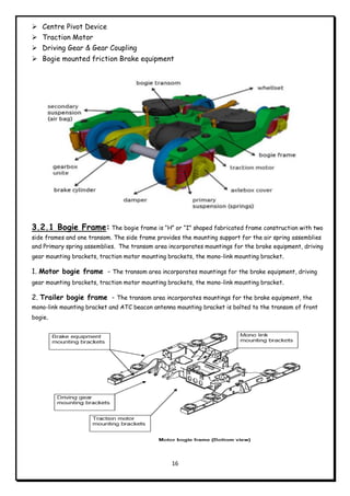 16
 Centre Pivot Device
 Traction Motor
 Driving Gear & Gear Coupling
 Bogie mounted friction Brake equipment
3.2.1 Bogie Frame: The bogie frame is “H” or “I” shaped fabricated frame construction with two
side frames and one transom. The side frame provides the mounting support for the air spring assemblies
and Primary spring assemblies. The transom area incorporates mountings for the brake equipment, driving
gear mounting brackets, traction motor mounting brackets, the mono-link mounting bracket.
1. Motor bogie frame - The transom area incorporates mountings for the brake equipment, driving
gear mounting brackets, traction motor mounting brackets, the mono-link mounting bracket.
2. Trailer bogie frame - The transom area incorporates mountings for the brake equipment, the
mono-link mounting bracket and ATC beacon antenna mounting bracket is bolted to the transom of front
bogie.
 