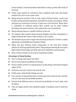 Small Ruminant Production and Management : Grade 10 3
sexual maturity, breed and produce kids/lambs at early age than other kinds of
livestock.
 Unlike large animals in commercial farm conditions both male and female
animals have more or less equal value.
 Sheep and goats can thrive well on wide variety of thorny bushes, weeds, crop
residues and agricultural byproducts unsuitable for human consumption. Sheep
and goats are economical converter of grass into wool and meat. Where there
is availability of sufficient pasture these animals can be raised without
providing concentrate mixtures, thus reducing the cost of production.
 Sheep and goat dung are valuable fertilizer to the soil.
 No religious taboo against sheep and goat slaughter and meat consumption is
highly preferred than meat of other animals in our country.
 The demand of goat meat is higher than domestic production. So there is ample
opportunity of profitable goat farming in Nepal.
 Sheep and goat farming creates employment to the rural poor besides
effectively utilizing unpaid family labor. Sheep and goat farming do not require
high technical knowledge and skills and can be adopted by general people.
 Skins of these animals can be used to manufacture leather.
Advantages of sheep farming
 Easy to manage and require less labor.
 Do not need expensive building for housing.
 Possess ability to thrive on natural grasses except during certain physiological
stages of life.
 Economic converter of grass into meat & wool.
 Unlike goats, sheep hardly damage any tree.
 Lips structure of sheep helps them to clean grains lost at harvest time, and thus
convert waste feed into profitable products.
 Provide three different sources of income by production of wool, lamb, meat
& manure.
 They are highly prolific and multiplied rapidly. Foundation stock is relatively
cheap.
 
