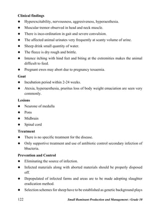 122 Small Ruminant Production and Management : Grade 10
Clinical findings
 Hyperexcitability, nervousness, aggresiveness, hyperaesthesia.
 Muscular tremor observed in head and neck muscle.
 There is inco-ordination in gait and severe convulsion.
 The affected animal urinates very frequently at scanty volume of urine.
 Sheep drink small quantity of water.
 The fleece is dry rough and brittle.
 Intence itching with hind feet and biting at the extremities makes the animal
difficult to feed.
 Pregnant ewes may abort due to pregnancy toxaemia.
Goat
 Incubation period within 2-24 weeks.
 Atexia, hyperaesthesia, pruritus loss of body weight emaciation are seen very
commonly.
Lesions
 Neurone of medulla
 Pons
 Midbrain
 Spinal cord
Treatment
 There is no specific treatment for the disease.
 Only supportive treatment and use of antibiotic control secondary infection of
bbacteria.
Prevention and Control
 Eliminating the source of infection.
 Infected materials along with aborted materials should be properly disposed
off.
 Depopulated of infected farms and areas are to be made adopting slaughter
eradication method.
 Selection schemes for sheep have to be established as genetic background plays
 
