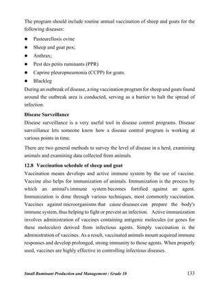 Small Ruminant Production and Management : Grade 10 133
The program should include routine annual vaccination of sheep and goats for the
following diseases:
 Pasteurellosis ovine
 Sheep and goat pox;
 Anthrax;
 Pest des petits ruminants (PPR)
 Caprine pleuropneumonia (CCPP) for goats.
 Blackleg
During an outbreak of disease, a ring vaccination program for sheep and goats found
around the outbreak area is conducted, serving as a barrier to halt the spread of
infection.
Disease Surveillance
Disease surveillance is a very useful tool in disease control programs. Disease
surveillance lets someone know how a disease control program is working at
various points in time.
There are two general methods to survey the level of disease in a herd, examining
animals and examining data collected from animals.
12.8 Vaccination schedule of sheep and goat
Vaccination means develops and active immune system by the use of vaccine.
Vaccine also helps for immunization of animals. Immunization is the process by
which an animal's immune system becomes fortified against an agent.
Immunization is done through various techniques, most commonly vaccination.
Vaccines against microorganisms that cause diseases can prepare the body's
immune system, thus helping to fight or prevent an infection. Active immunization
involves administration of vaccines containing antigenic molecules (or genes for
these molecules) derived from infectious agents. Simply vaccination is the
administration of vaccines. As a result, vaccinated animals mount acquired immune
responses and develop prolonged, strong immunity to those agents. When properly
used, vaccines are highly effective in controlling infectious diseases.
 