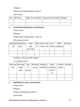 Small Ruminant Production and Management : Grade 10 141
Religion-
Village name/Municipality/ word no-
Farm name-
No ID/Name Date of vaccination Type of vaccine used Remark
4. Lamb/kid performance record format
Owner name-
Religion-
Village name/ Municipality/ word no-
Pre-weaning record
Lamb/kid
ID
Birth
date
Sex Birth
type
(S/T/TR)
Dam
ID
Dam
breed
Sire
ID
Sire
breed
Birth
weight(kg)
Remark
S-Single, T-Twin and TR-Triplet
At weaning record
Weaning
date
Weaning
weight
(kg)
Type
of
rearing
Weaning
group
Weight at
marketing
Body
condition
score (1-
5)
Lamb/ki
d price
Remark
5. Individual ewe/doe record format
Owner name-
Religion-
Village/ Municipality/ward no-
Farm name-
 