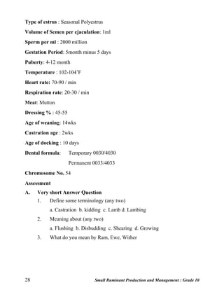 28 Small Ruminant Production and Management : Grade 10
Type of estrus : Seasonal Polyestrus
Volume of Semen per ejaculation: 1ml
Sperm per ml : 2000 million
Gestation Period: 5month minus 5 days
Puberty: 4-12 month
Temperature : 102-104˚F
Heart rate: 70-90 / min
Respiration rate: 20-30 / min
Meat: Mutton
Dressing % : 45-55
Age of weaning: 14wks
Castration age : 2wks
Age of docking : 10 days
Dental formula: Temporary 0030/4030
Permanent 0033/4033
Chromosome No. 54
Assessment
A. Very short Answer Question
1. Define some terminology (any two)
a. Castration b. kidding c. Lamb d. Lambing
2. Meaning about (any two)
a. Flushing b. Disbudding c. Shearing d. Growing
3. What do you mean by Ram, Ewe, Wither
 