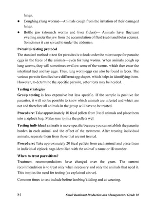 84 Small Ruminant Production and Management : Grade 10
lungs.
 Coughing (lung worms)—Animals cough from the irritation of their damaged
lungs.
 Bottle jaw (stomach worms and liver flukes)— Animals have fluctuant
swelling under the jaw from the accumulation of fluid (submandibular edema).
Sometimes it can spread to under the abdomen.
Parasites testing protocol
The standard method to test for parasites is to look under the microscope for parasite
eggs in the feces of the animals—even for lung worms. When animals cough up
lung worms, they will sometimes swallow some of the worms, which then enter the
intestinal tract and lay eggs. Thus, lung worm eggs can also be found in feces. The
various parasite families have different egg shapes, which helps in identifying them.
However, to determine the specific parasite, other tests may be needed.
Testing strategies
Group testing is less expensive but less specific. If the sample is positive for
parasites, it will not be possible to know which animals are infested and which are
not and therefore all animals in the group will have to be treated.
Procedure: Take approximately 10 fecal pellets from 3 to 5 animals and place them
into a ziplock bag. Make sure to mix the pellets well
Testing individual animals is more specific because you can establish the parasite
burden in each animal and the effect of the treatment. After treating individual
animals, separate them from those that are not treated.
Procedure: Take approximately 20 fecal pellets from each animal and place them
in individual ziplock bags identified with the animal’s name or ID number.
When to treat parasitism?
Treatment recommendations have changed over the years. The current
recommendation is to treat only when necessary and only the animals that need it.
This implies the need for testing (as explained above).
Common times to test include before lambing/kidding and at weaning.
 