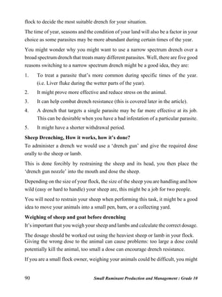 90 Small Ruminant Production and Management : Grade 10
flock to decide the most suitable drench for your situation.
The time of year, seasons and the condition of your land will also be a factor in your
choice as some parasites may be more abundant during certain times of the year.
You might wonder why you might want to use a narrow spectrum drench over a
broad spectrum drench that treats many different parasites. Well, there are five good
reasons switching to a narrow spectrum drench might be a good idea, they are:
1. To treat a parasite that’s more common during specific times of the year.
(i.e. Liver fluke during the wetter parts of the year).
2. It might prove more effective and reduce stress on the animal.
3. It can help combat drench resistance (this is covered later in the article).
4. A drench that targets a single parasite may be far more effective at its job.
This can be desirable when you have a bad infestation of a particular parasite.
5. It might have a shorter withdrawal period.
Sheep Drenching, How it works, how it’s done?
To administer a drench we would use a ‘drench gun’ and give the required dose
orally to the sheep or lamb.
This is done forcibly by restraining the sheep and its head, you then place the
‘drench gun nozzle’ into the mouth and dose the sheep.
Depending on the size of your flock, the size of the sheep you are handling and how
wild (easy or hard to handle) your sheep are, this might be a job for two people.
You will need to restrain your sheep when performing this task, it might be a good
idea to move your animals into a small pen, barn, or a collecting yard.
Weighing of sheep and goat before drenching
It’s important that you weigh your sheep and lambs and calculate the correct dosage.
The dosage should be worked out using the heaviest sheep or lamb in your flock.
Giving the wrong dose to the animal can cause problems: too large a dose could
potentially kill the animal, too small a dose can encourage drench resistance.
If you are a small flock owner, weighing your animals could be difficult, you might
 