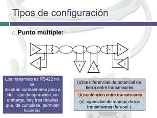 Tipos de configuración


Punto múltiple:

Los transmisores RS422 no
se
diseñan normalmente para e
ste tipo de operación, sin
embargo, hay tres detalles
que, de cumplirse, permiten
hacerlos:

(a)las diferencias de potencial de
tierra entre transmisores
(b)contención entre transmisores
(c) capacidad de manejo de los
transmisores (fan-out ).

 