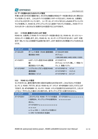 www.dragino.com
RS485-BL waterproof, battery power , RS485 LoRaWAN Converter User Manual 10 / 30
3.3 データを読み込むためのコマンド設定
市場には多くの RS485 機器があり、それぞれの機器は有効なデータを読み取るために異なるコ
マンドを持っています。 これらのデバイスを柔軟にサポートするために、RS485-BL は柔軟な
コマンドセットをサポートしています。 ユーザーは、AT コマンドまたは LoRaWAN ダウンリンクコ
マンドを使用して、RS485-BL がサンプリングごとに送信すべきコマンドを設定し、RS485 デバイ
スからのリターンをどのように処理するかを設定することができます。
3.3.1 C RS485 通信のための UART 設定
RS485-BL を使用して RS485 デバイスからデータを読み取るには、RS485-BL の A/B トレー
スをセンサーに接続します。また、RS485-BL は、センサーにアクセスするために UART の設
定が一致していることを確認する必要があります。UART 設定のための関連コマンドは次のとお
りです。
AT コマンド 記述 例
AT+BAUDR ボーレイト設定 (RS485 通信接続).
規定値は 9600
AT+BAUDR=9600
オプション:
(1200,2400,4800,14400,19200,115200)
AT+PARITY UART パリティ設定(RS485 通信接
続)
規定値はパリティ無し
AT+PARITY=0
オプション 0:パリティ無し, 1: 奇数パリ
ティ, 2: 偶数パリティ
AT+STOPBIT シリアルストップビット設定(RS485
通信接続)
規定値は 1 ビット
AT+STOPBIT=0 1 ビット
AT+STOPBIT=1 1.5 ビット
AT+STOPBIT=2 2 ビット「
3.3.2 RS485 センサ設定
センサの中には、通常の動作の前に設定が必要なものがあります。このようなセンサの設定
は、PC と RS485 アダプタ、または RS485-BL AT コマンド AT+CFGDEV を介して行うことが
できます。各 AT+CFGDEV は、センサに RS485 コマンドを送信するためのものです。このコマ
ンドはユーザが入力した場合にのみ実行され、各サンプリング中には実行されません。
AT コマンド 記述 例
AT+CFGDEV このコマンドは RS485 デバイスの設定
に使用され、サンプリング中は使用され
ません。
AT+CFGDEV=xx xx xx xx xx xx xx xx xx
xx xx xx,m
m: 0: no CRC, 1: このコマンドの終わり
に CRC-16/MODBUS を追加
AT+CFGDEV=xx xx xx xx xx xx xx
xx xx xx xx xx,m
 