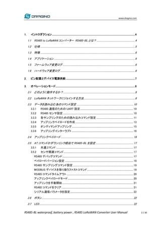 www.dragino.com
RS485-BL waterproof, battery power , RS485 LoRaWAN Converter User Manual 2 / 30
1. イントロダクション.......................................................................................................................................4
1.1 RS485 to LoRaWAN コンバーター RS485-BL とは？..................................................................4
1.2 仕様 ..................................................................................................................................................................5
1.3 特徴 ..................................................................................................................................................................6
1.4 アプリケーション...........................................................................................................................................6
1.5 ファームウェア変更ログ............................................................................................................................6
1.6 ハードウェア変更ログ................................................................................................................................6
2. ピン配置とデバイス電源供給 ................................................................................................................7
3. オペレーションモード.................................................................................................................................8
3.1 どのように動作するか？...........................................................................................................................8
3.2 LoRaWAN ネットワークにジョインする方法........................................................................................8
3.3 データを読み込む為のコマンド設定................................................................................................. 10
3.3.1 RS485 通信のための UART 設定........................................................................................... 10
3.3.2 RS485 センサ設定 ........................................................................................................................ 10
3.3.3 各サンプリングのための読み込みコマンド設定 ............................................................... 11
3.3.4 アップリンクペイロードを作成 ................................................................................................... 13
3.3.5 オンディマンドアップリング......................................................................................................... 15
3.3.6 アップリングインターラプト ......................................................................................................... 16
3.4 アップリンクペイロード............................................................................................................................ 16
3.5 AT コマンドかダウンリンク経由で RS485-BL を設定 ................................................................ 17
3.5.1 共通コマンド: ................................................................................................................................... 17
3.5.2 センサ関連コマンド....................................................................................................................... 17
RS485 デバッグコマンド......................................................................................................................... 17
ペイロードバージョン設定 ..................................................................................................................... 18
RS485 サンプリングコマンド設定 ....................................................................................................... 19
MODBUS デバイスを取り扱うファストコマンド............................................................................... 19
RS485 コマンドタイムアウト.................................................................................................................. 20
アップリンクペイロードモード................................................................................................................ 20
アップリンクを手動開始.......................................................................................................................... 21
RS485 コマンドをクリア........................................................................................................................... 21
シリアル通信パラメータを設定............................................................................................................ 22
3.6 ボタン............................................................................................................................................................. 22
3.7 LED................................................................................................................................................................. 22
 