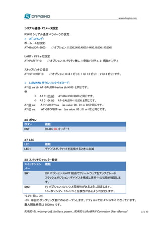www.dragino.com
RS485-BL waterproof, battery power , RS485 LoRaWAN Converter User Manual 22 / 30
シリアル通信パラメータ設定
RS485 シリアル通信パラメーラの設定：
 AT コマンド：
ボーレートを設定：
AT+BAUDR=9600 //オプション: (1200,2400,4800,14400,19200,115200)
UART パリティの設定
AT+PARITY=0 //オプション: 0:パリティ無し, 1:奇数パリティ, 2: 偶数パリティ
ストップビットの設定
AT+STOPBIT=0 //オプション: 0 は 1 ビット; 1 は 1.5 ビット ; 2 は 2 ビットです。
 LoRaWAN ダウンリンクペイロード：
A7 01 aa bb: AT+BAUDR=hex(aa bb)*100 と同じです。
例：
 A7 01 00 60 AT+BAUDR=9600 と同じです。
 A7 01 04 80 AT+BAUDR=115200 と同じです。
A7 02 aa: AT+PARITY=aa (aa value: 00 , 01 or 02)と同じです。
A7 03 aa: AT+STOPBIT=aa (aa value: 00 , 01 or 02)と同じです。
3.6 ボタン
ボタン 機能
RST RS485-BL をリブート
3.7 LED
LED 機能
LED1 デバイスがパケットを送信するときに点滅
3.8 スイッチジャンパー設定
スイッチジャン
パー
機能
SW1 ISP ポジション：UART 経由でファームウェアをアップグレード
フラッシュポジション：デバイスを構成し実行中の状態を確認しま
す。
SW2 5V ポジション：5V I/O と互換性があるように設定します。
3.3v ポジション：3.3v I/O と互換性があるように設定します。
+3.3V：常に ON
+5V: 毎回のサンプリング前にのみオープンします。デフォルトでは AT+5VT=0 になっています。
最大開放時間は 5000ms です。
 