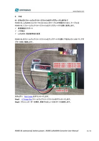 www.dragino.com
RS485-BL waterproof, battery power , RS485 LoRaWAN Converter User Manual 26 / 30
6. FAQ
6.1 どのようにファームウェアイメージファイルをアップグレードしますか？
RS485-BL LoRaWAN コントローラには 3.5mm のケーブルが同梱されており、ケーブルは
RS485-BL にファームウェアイメージファイルをアップグレードする際に使用します。
 新規機能のサポート
 バグ修正
 LoRaWAN 周波数帯域の変更
RS485-BLのファームウェアイメージファイルをアップデートする際に下記のようにUSB TTLアダ
プターを使い接続します。
ステップ 1: flash loader.をダウンロードします。
Step2: LT Image files.ファームウェアイメージファイルをダウンロードします。
Step3: フラッシュローダーを開き、更新する正しい COM ポートを選択します。
 