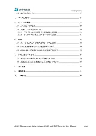 www.dragino.com
RS485-BL waterproof, battery power , RS485 LoRaWAN Converter User Manual 3 / 30
3.8 スイッチジャンパー................................................................................................................................... 22
4. ケーススタディー..................................................................................................................................... 23
5. AT コマンド使用 ...................................................................................................................................... 23
5.1 AT コマンドアクセス................................................................................................................................ 23
5.2 共通 AT コマンドシークエンス ............................................................................................................. 25
5.2.1 マルチチャンネル ABP モード(SX1301/LG308)............................................................... 25
5.2.2 シングルチャンネル ABP モード(LG01/LG02).................................................................. 25
6. FAQ............................................................................................................................................................. 26
6.1 ファームウェアイメージのアップグレードするには？.................................................................. 26
6.2 LoRa 周波数帯域/リージョンを変更するには？.......................................................................... 28
6.3 RS485 スレーブ端末を RS485-BL に接続するには？............................................................. 29
7. トラブルシューティング .......................................................................................................................... 29
7.1 ダウンリンクが動作しません、どう解決しますか？..................................................................... 29
7.2 何故 US915 /AU915 帯域はジョインできないですか？............................................................ 29
8. 注文情報................................................................................................................................................... 29
9. 梱包情報................................................................................................................................................... 29
10. サポート................................................................................................................................................ 30
 